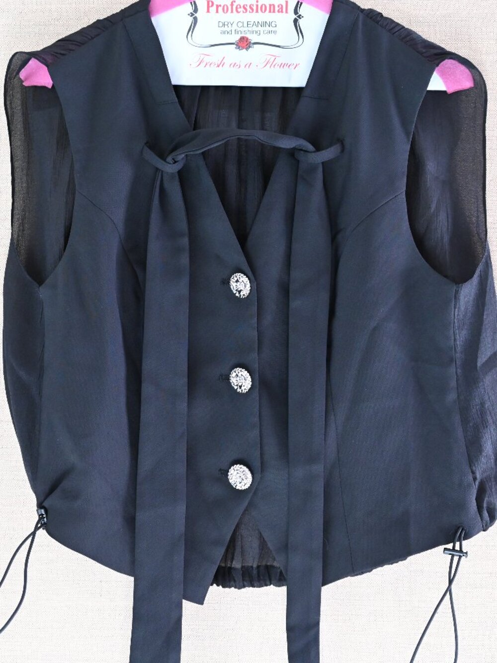Black Sheer Back Panel Sleeveless Vest Tie Neck Button Front Top